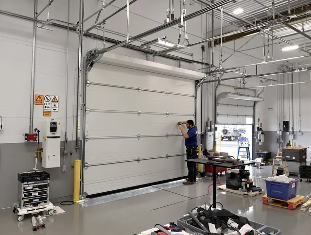 Commercial garage door repair being performed by Beverly Hills Garage Door Repair expert in Beverly Hills