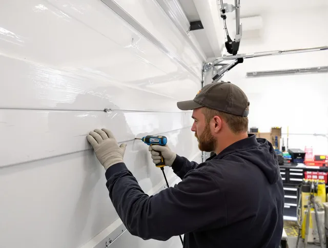 Beverly Hills Garage Door Repair technician demonstrating precision dent removal techniques on a Beverly Hills garage door