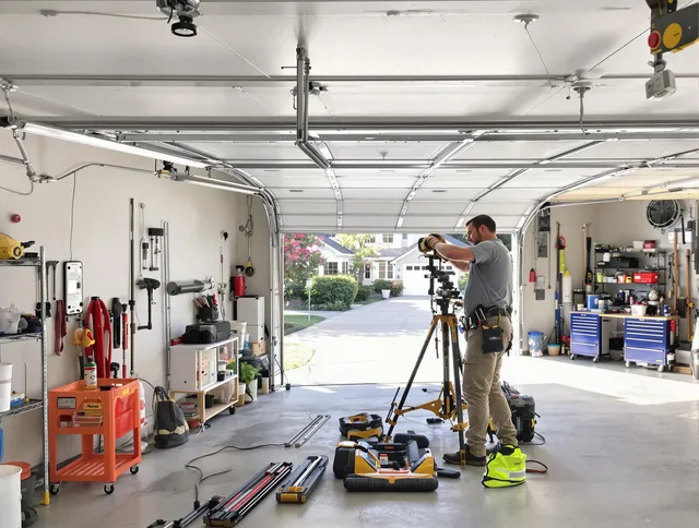 Beverly Hills Garage Door Repair specialist performing laser-guided track alignment in Beverly Hills